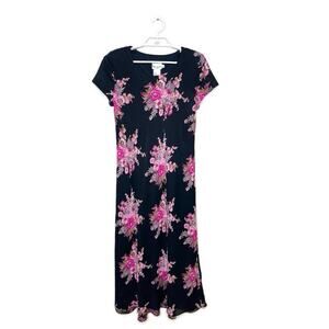 Vtg Women's Black Pink Dark Floral‎ Maxi Dress 90s Whimsigoth Flowy Grunge Sz 12